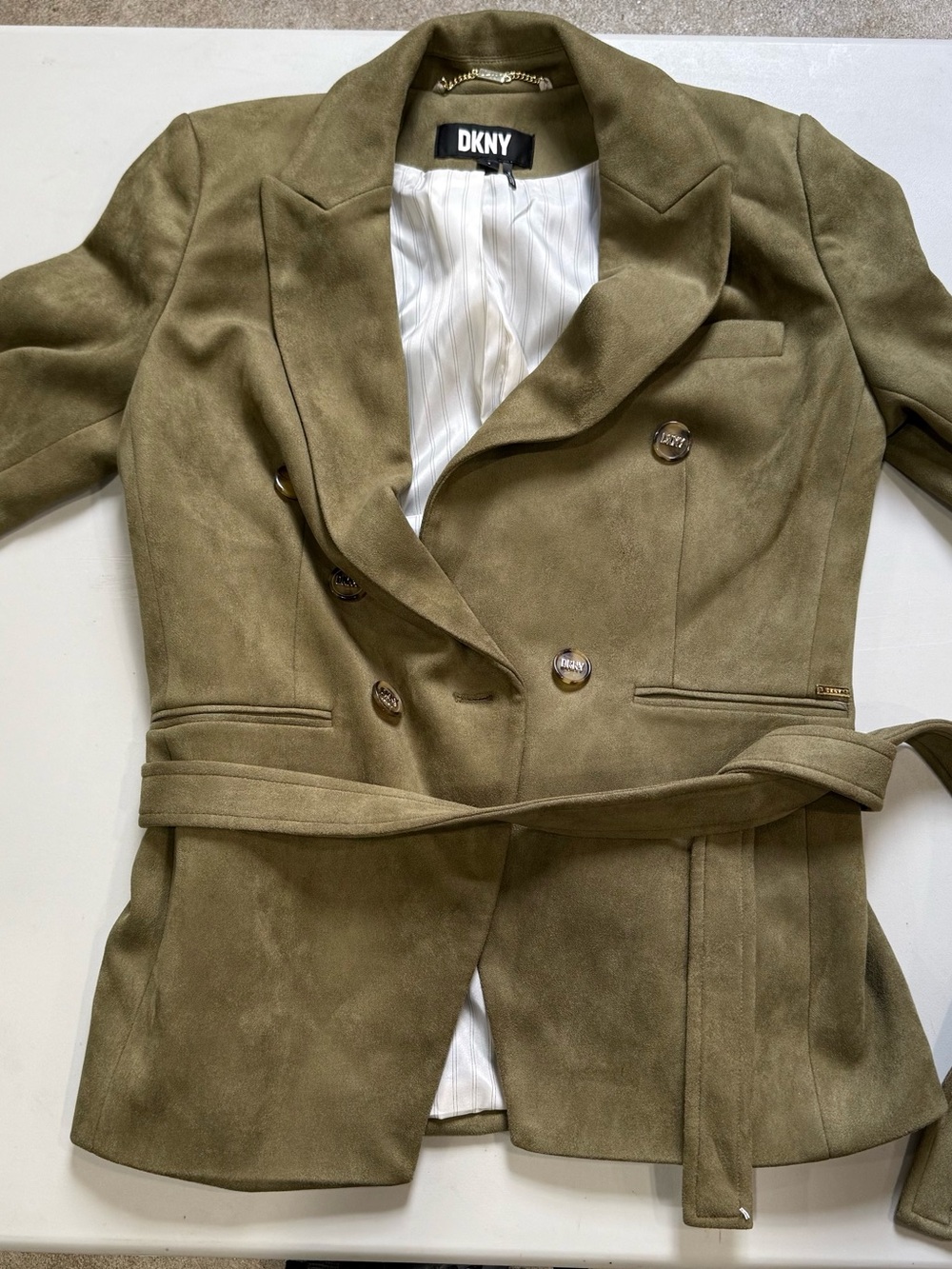 DKNY Olive Green Suede-Look Double-Breasted Belted Blazer